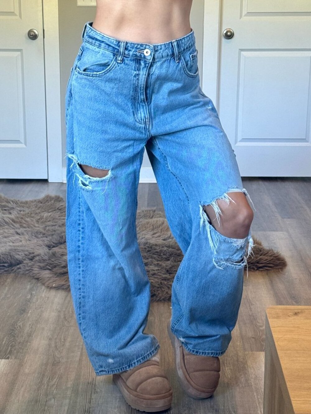 Zara Baggy Wide Leg Jeans Womens 8 Ripped High Rise Distressed Light Wash Skater